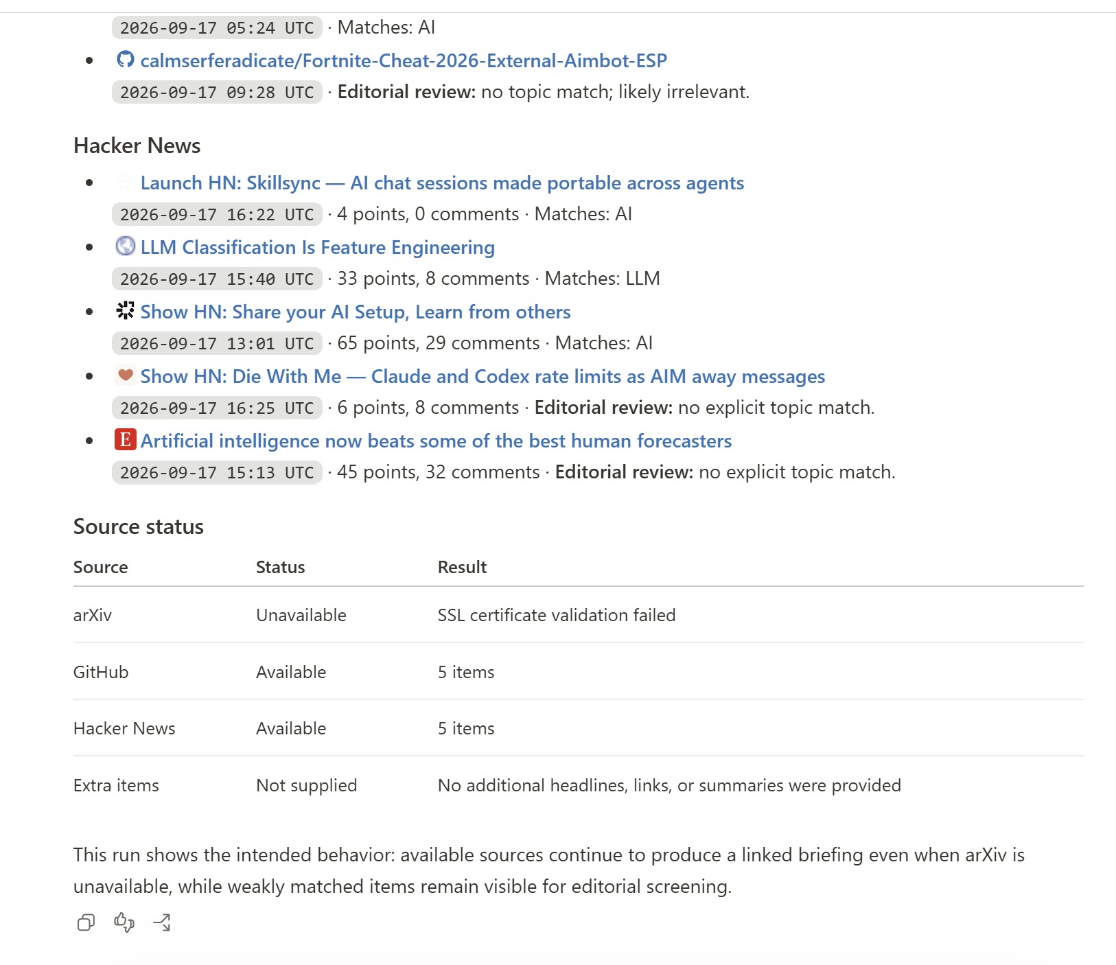 Continuation of the live English test: Hacker News entries and source status, preserved as returned.