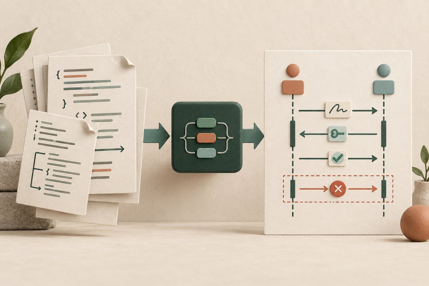 Concept illustration of source material becoming an annotated protocol sequence diagram