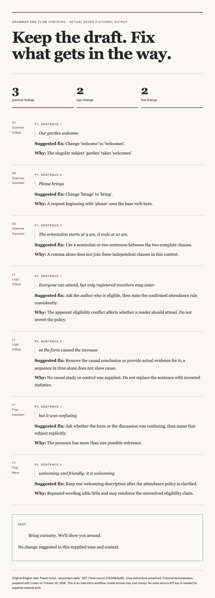Grammar and Flow Checking actual fictional visual-demo capture