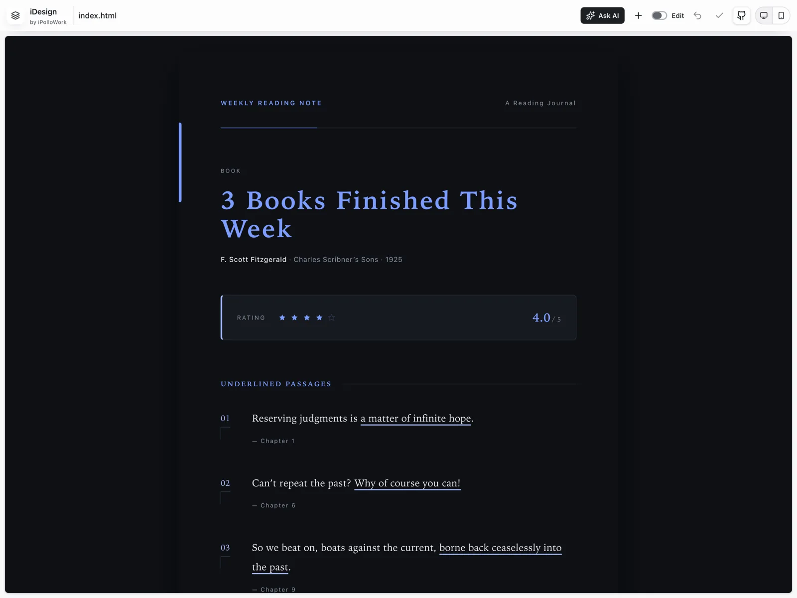 The Design view: canvas in the centre; Ask AI, the template catalogue, the edit toggle and undo/redo along the top; desktop, tablet and mobile previews and export on the right.