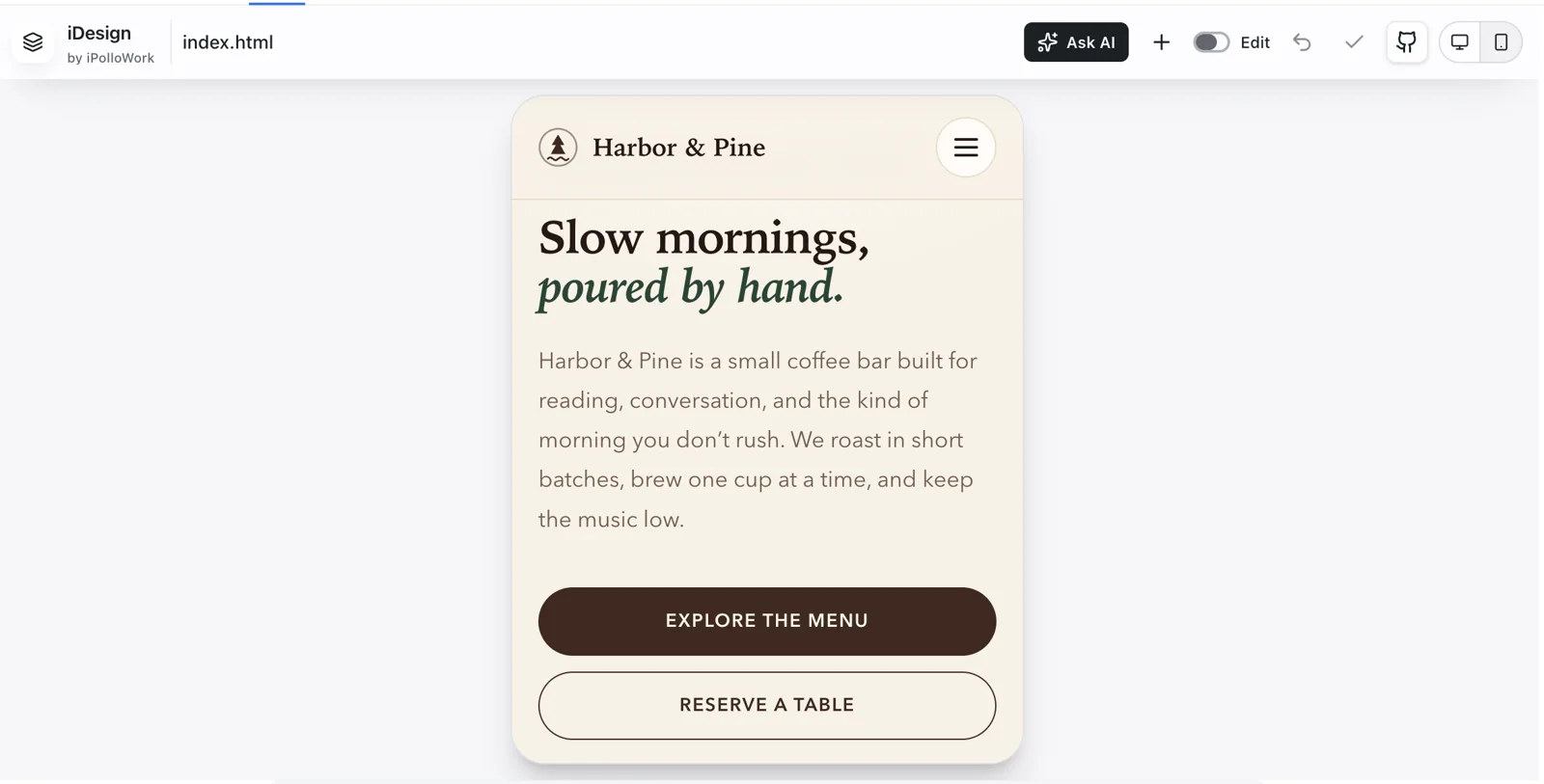 Harbor & Pine Coffee · Mobile preview from the user guide