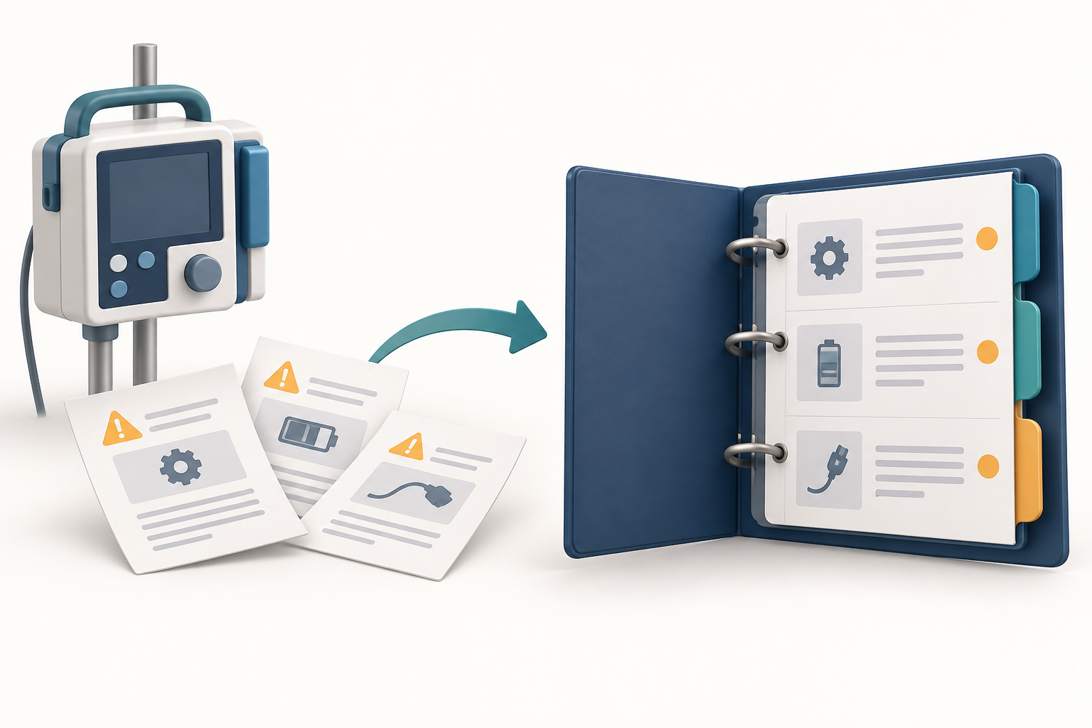 Figure 1 From scattered device-risk materials to an interconnected risk file. AI conceptual illustration, not a software interface.