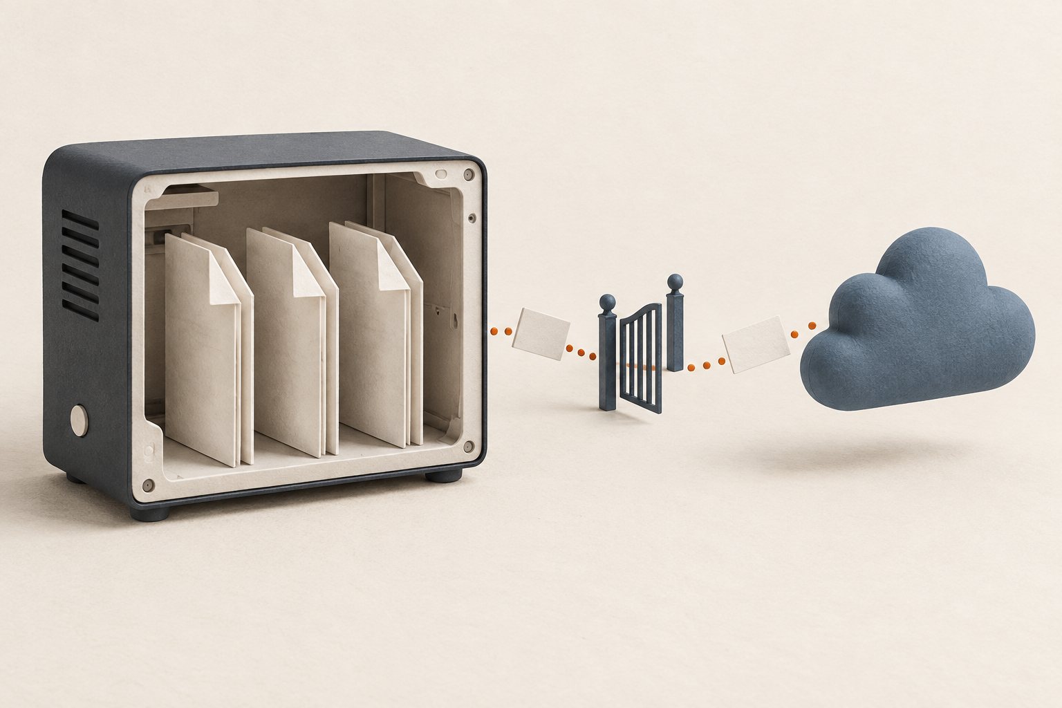 Concept illustration: local files stay on the device while optional cloud lookup sends only the declared metadata