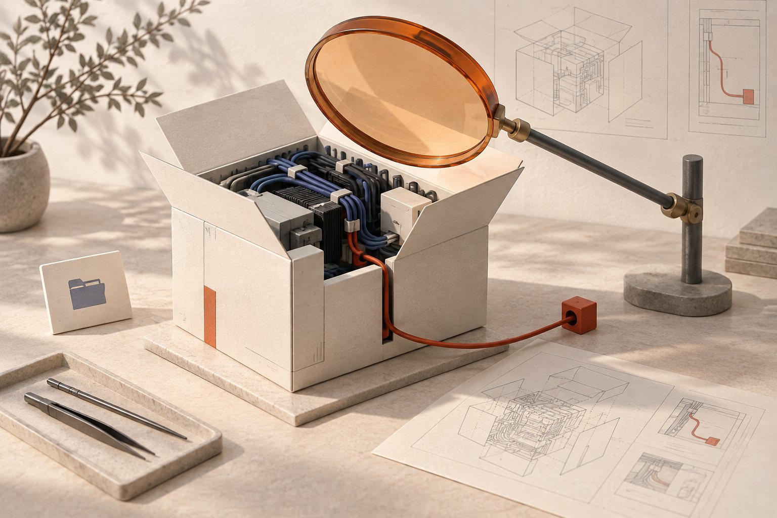 Concept illustration: inspect a software package and its external connections before installation