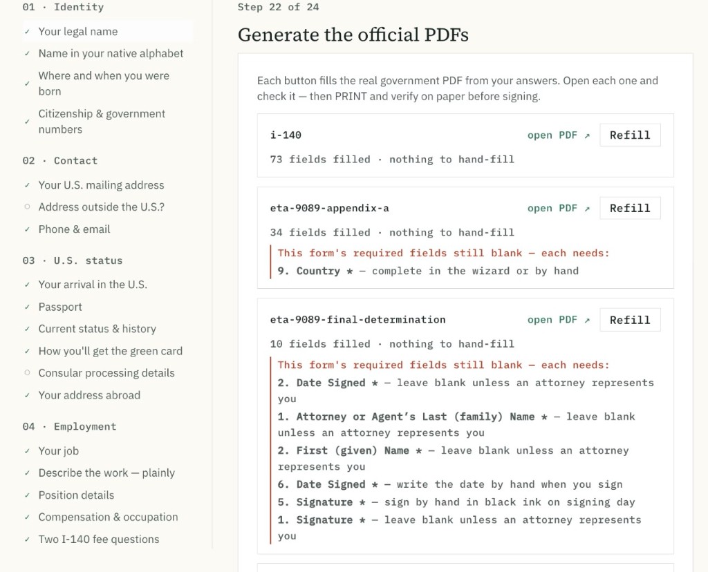 Forms wizard generating official PDFs and listing remaining required fields