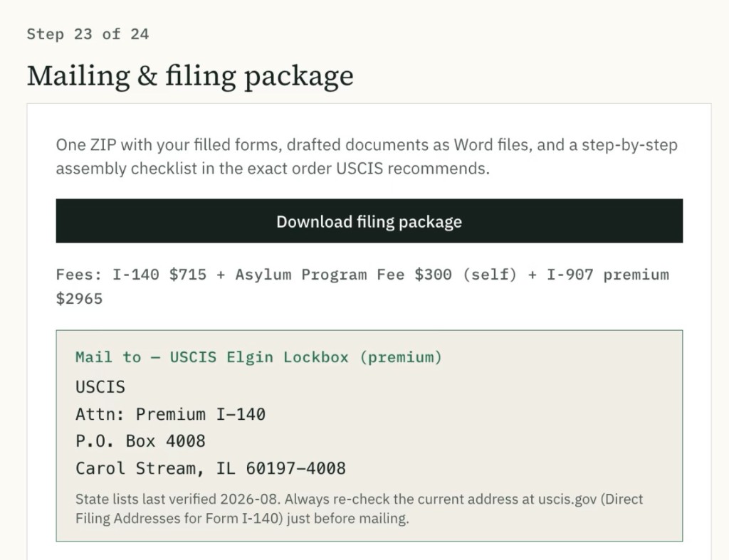 Packaging page: one ZIP, fee list, and lockbox mailing address
