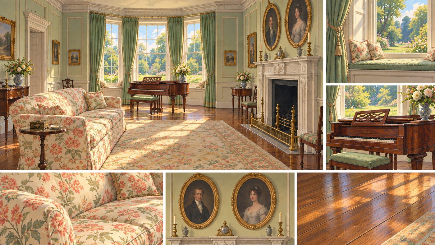 Daytime reference sheet for the Longbourn drawing room
