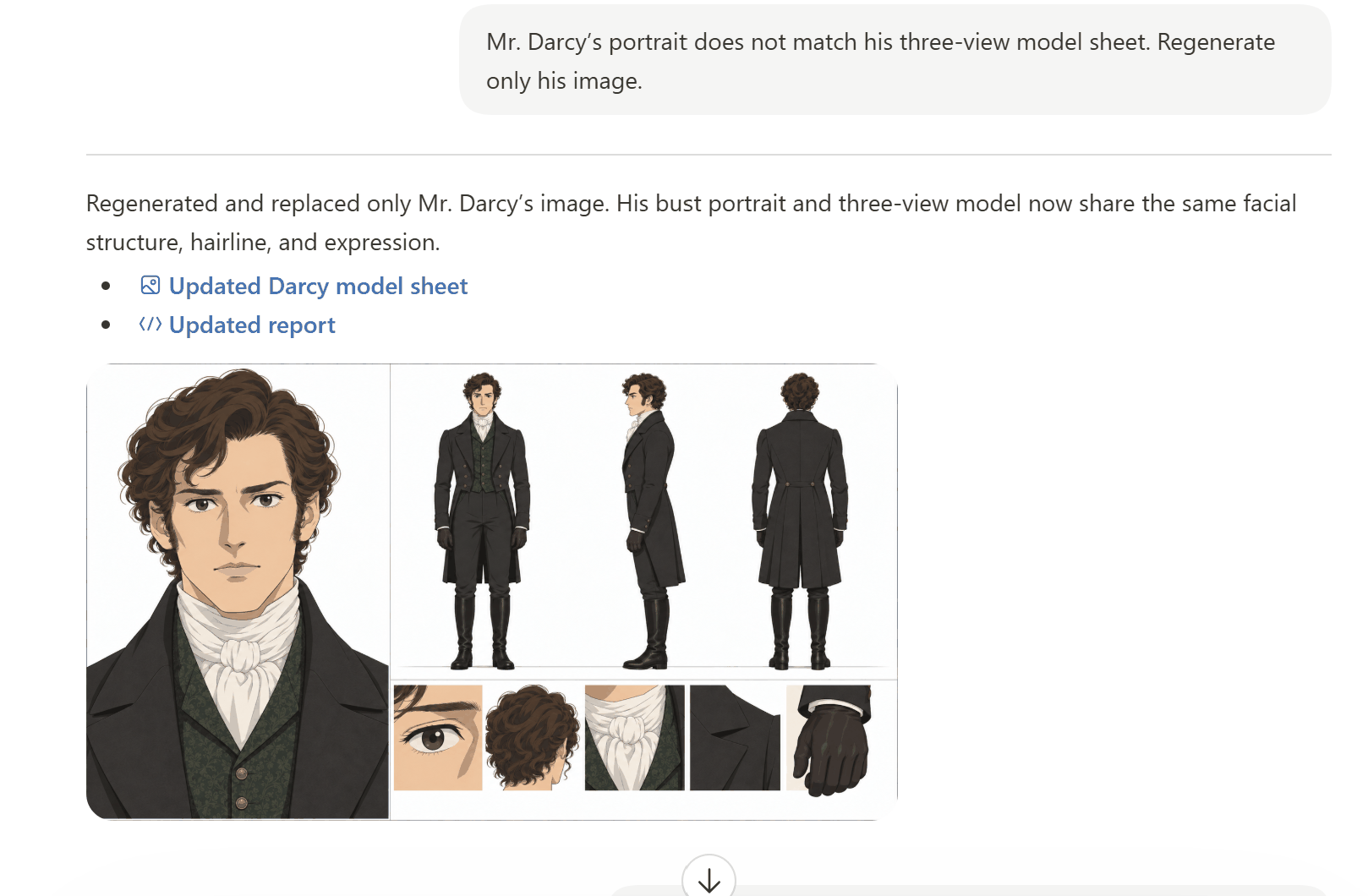 Targeted regeneration: only Darcy’s sheet is replaced; portrait and three-