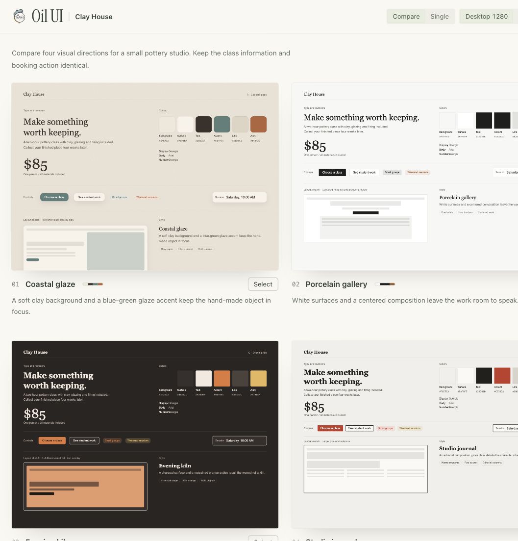 Actual Clay House comparison page with four generated style directions