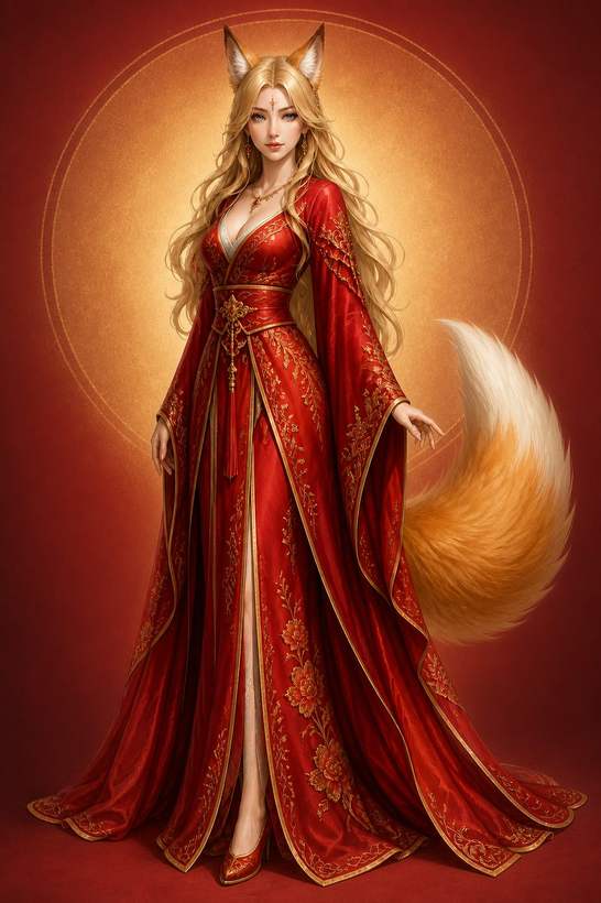 Hero portrait of the blonde fox character in a red-and-gold robe