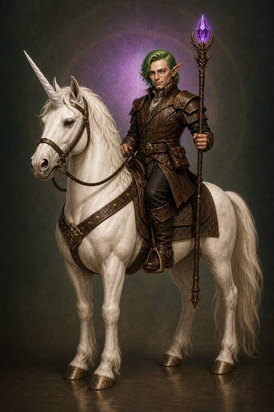 Complete hero visual of a green-haired elven knight riding a white unicorn