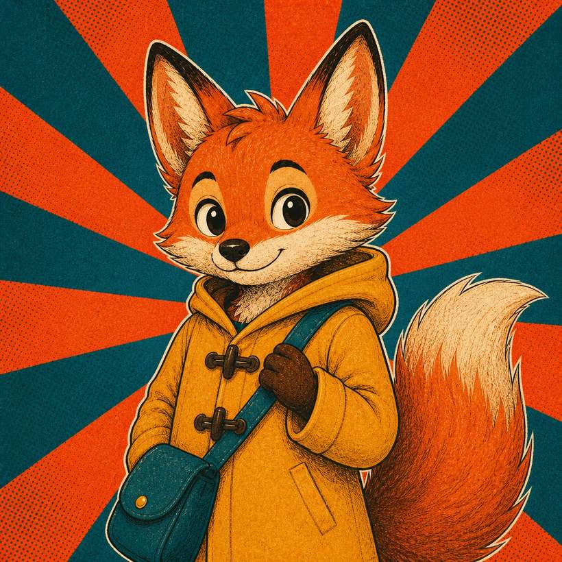 Complete hero portrait of Milo the raincoat fox