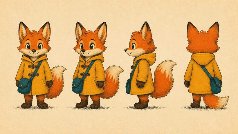 Turnaround sheet of Milo the raincoat fox — Full overview
