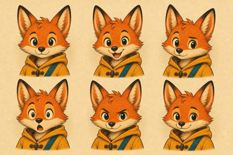 Expression sheet of Milo the raincoat fox, full overview
