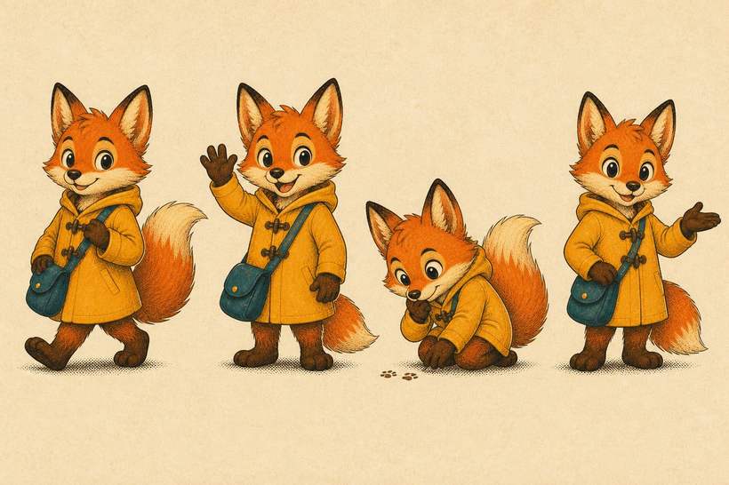 Pose sheet of Milo the raincoat fox — Full overview
