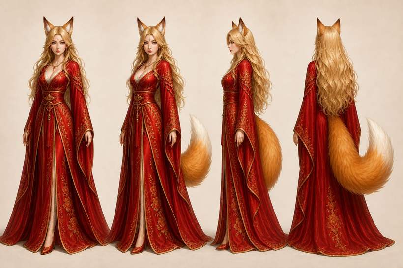 Four-view turnaround of the golden-crimson fox — Full overview