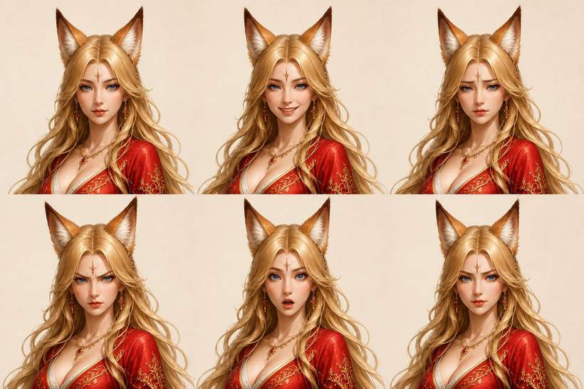 Six facial expressions of the golden-crimson fox, full overview
