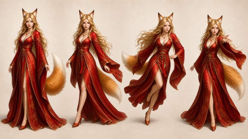 Four poses of the golden-crimson fox — Full overview