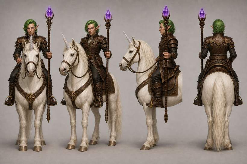Four views of the green-haired elf and unicorn — Full overview