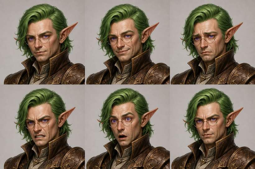 Six expressions of the green-haired elf, full overview