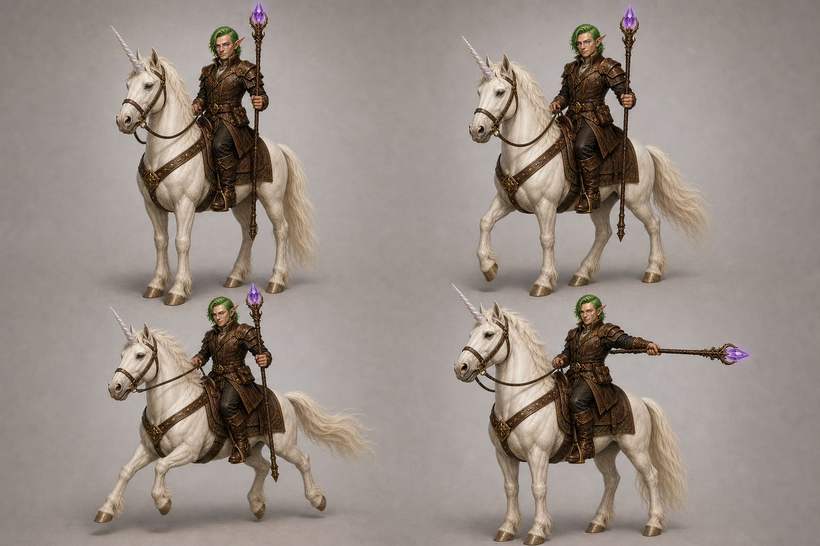 Riding poses of the green-haired elf — Full overview