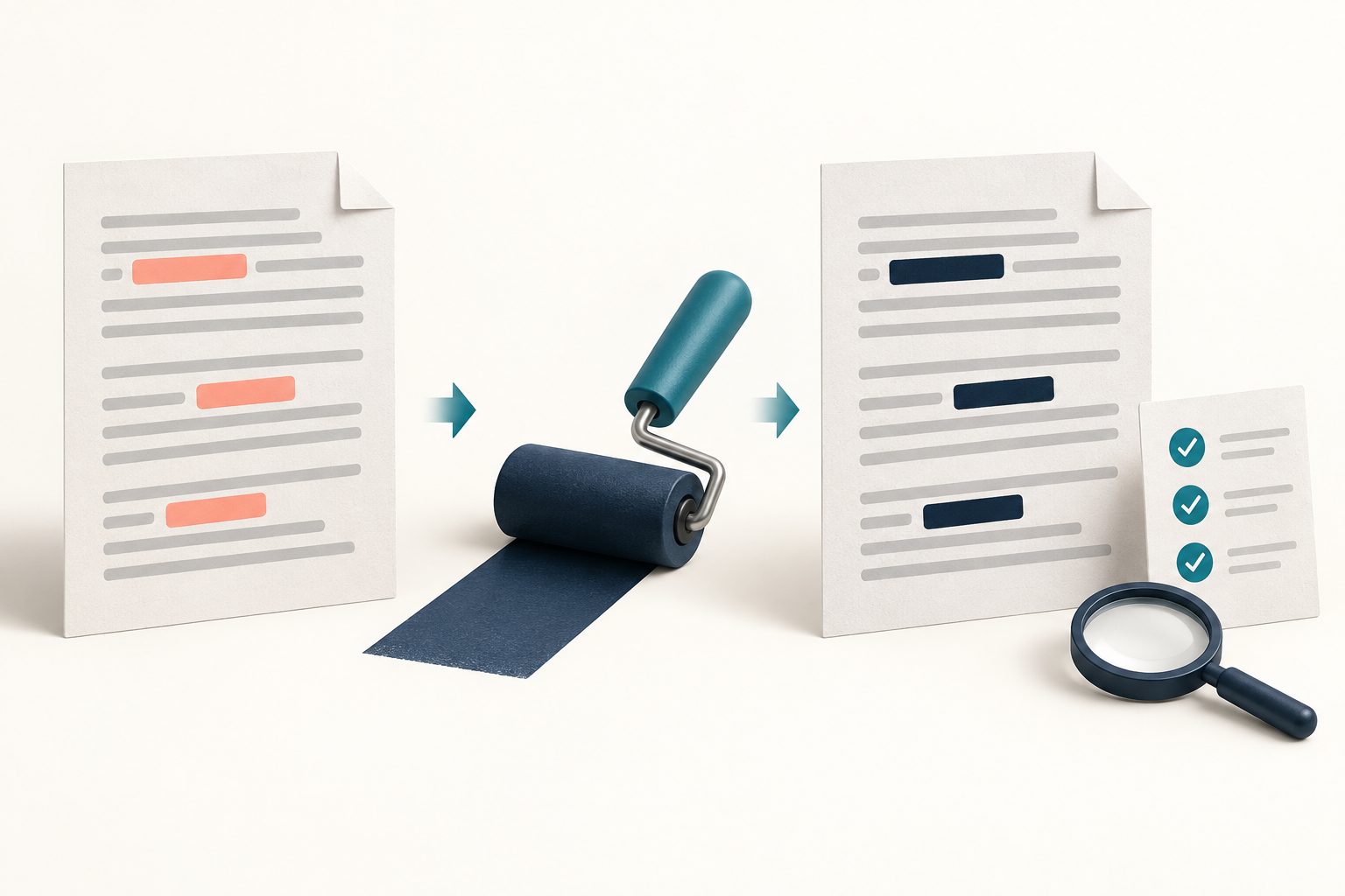 Conceptual sequence from sensitive text to a redacted copy and human review