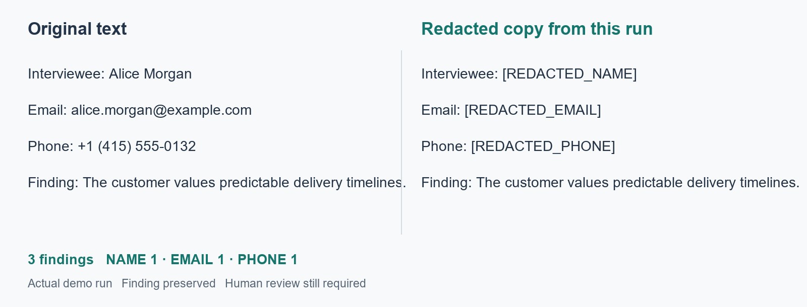 Actual English interview note before and after redaction