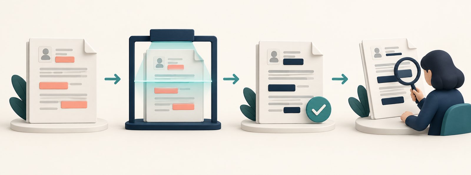 Conceptual four-step workflow from input to detection, replacement, and human review