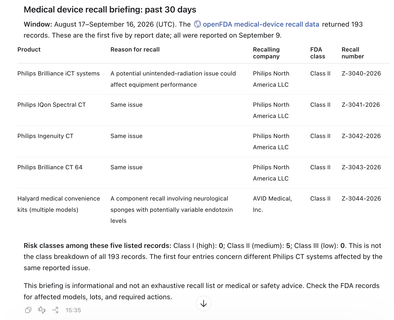 Actual English medical-device recall briefing and FDA class breakdown