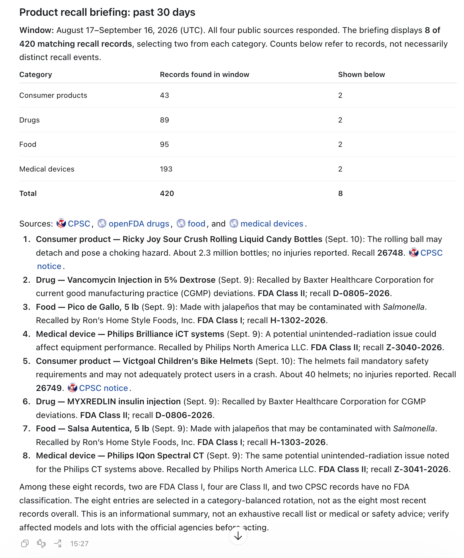 Actual English product recall briefing covering four categories