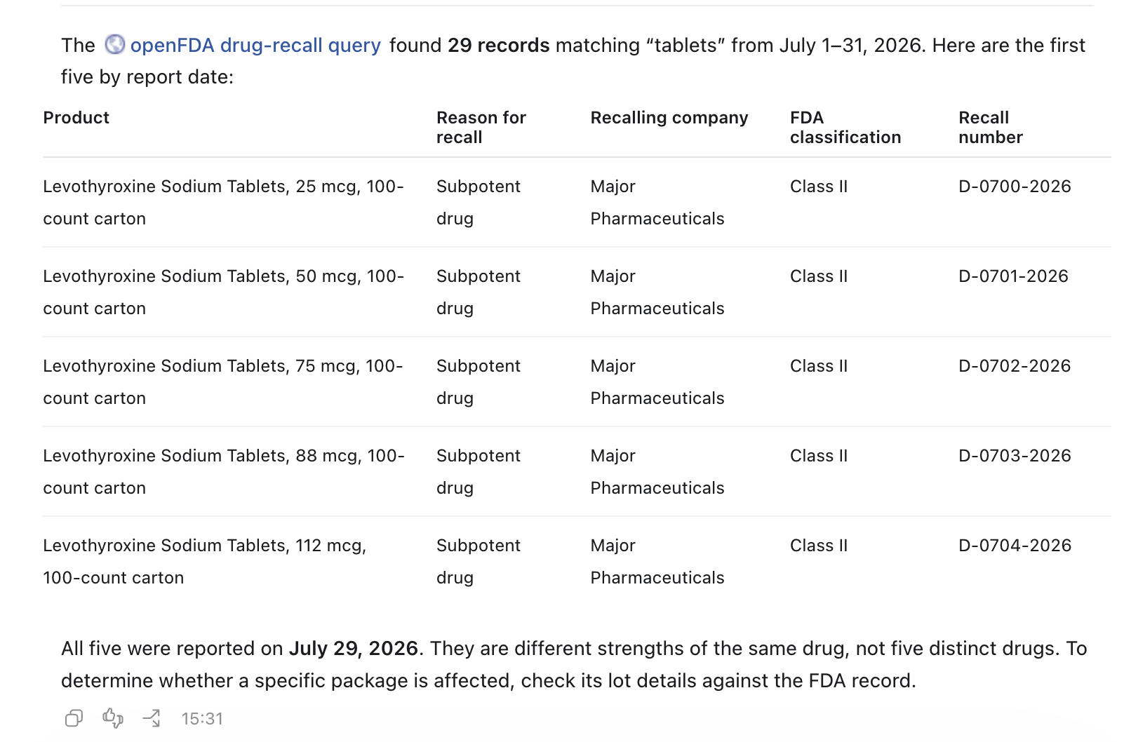 Actual English tablet-related drug recall search result