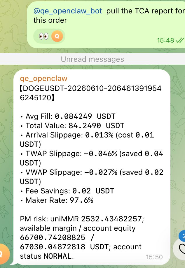 Arrival slippage, TWAP and VWAP benchmark slippage, fee savings, and maker rate