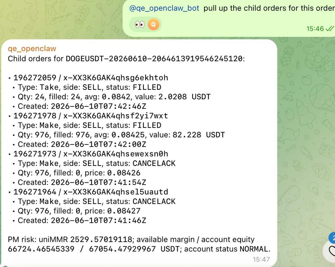 Four child orders with status, quantity, average price, and creation time