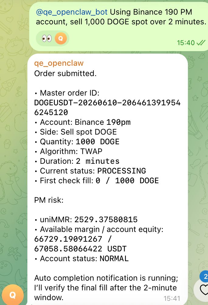 Master order receipt returned after sending an execution instruction