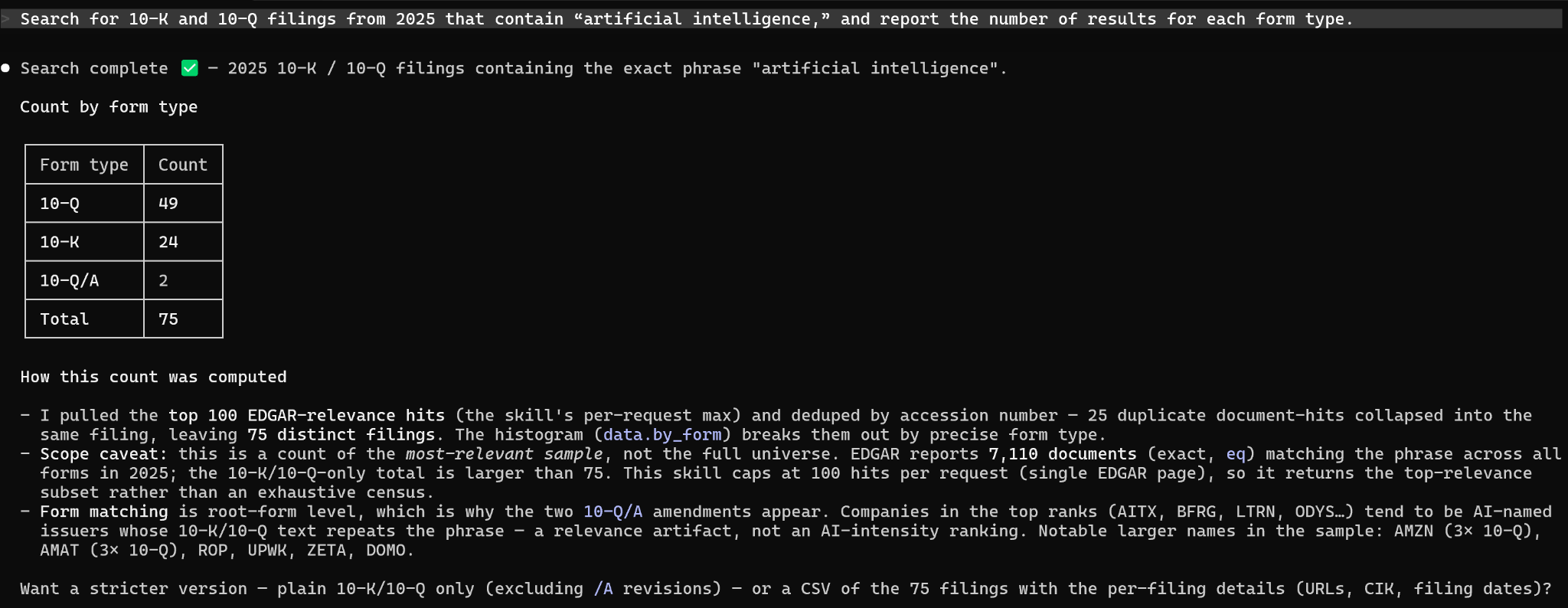 Form breakdown: 2025 “artificial intelligence” results across 10-K / 10-Q, including amendments.