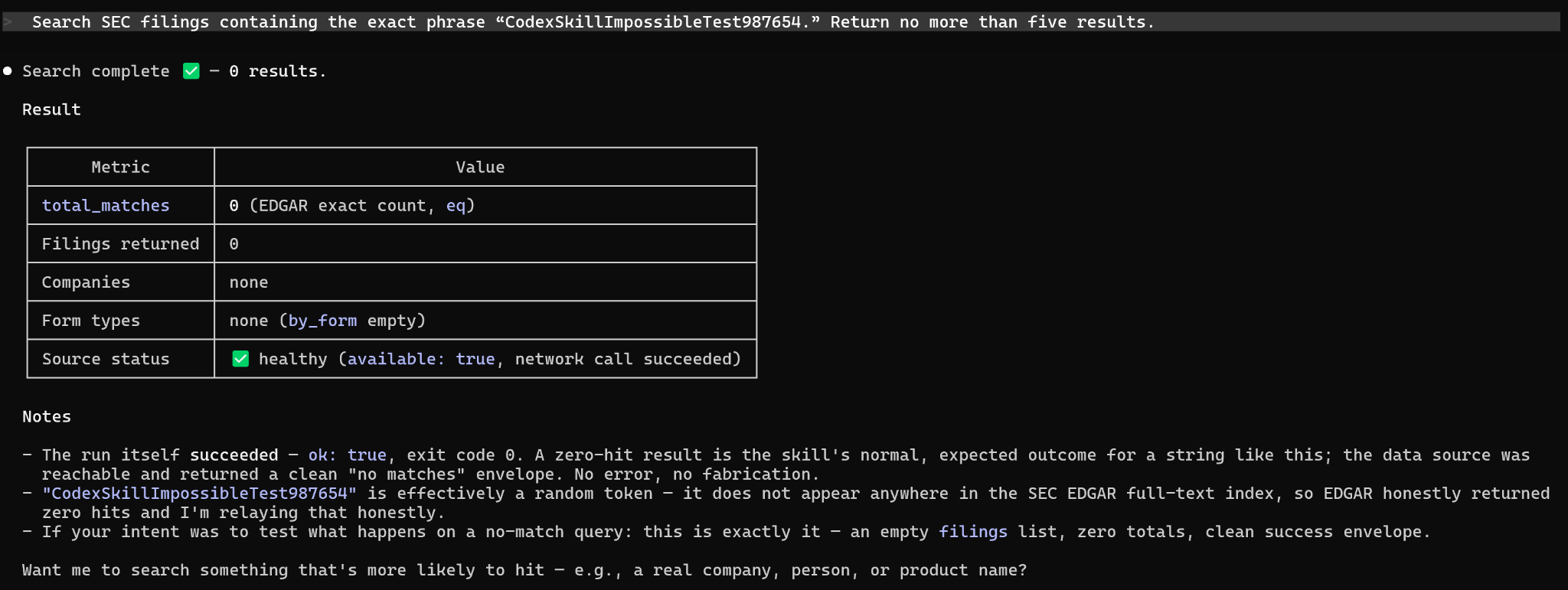 Zero matches: total_matches 0 and an available data source.