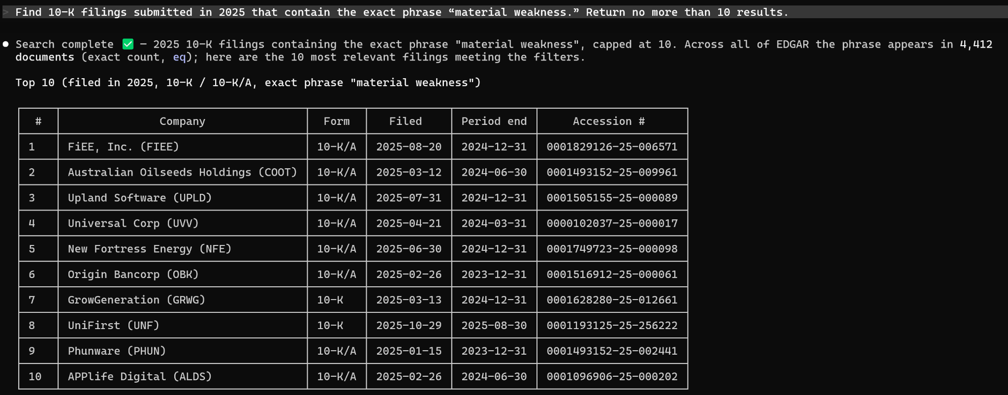 Exact phrase: 2025 10-K / 10-K/A filings mentioning “material weakness”.