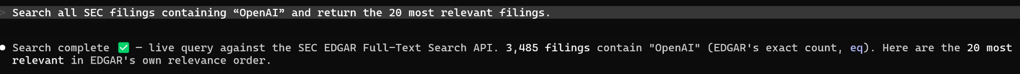 Natural-language request: search for OpenAI and return up to 20 relevant filings.