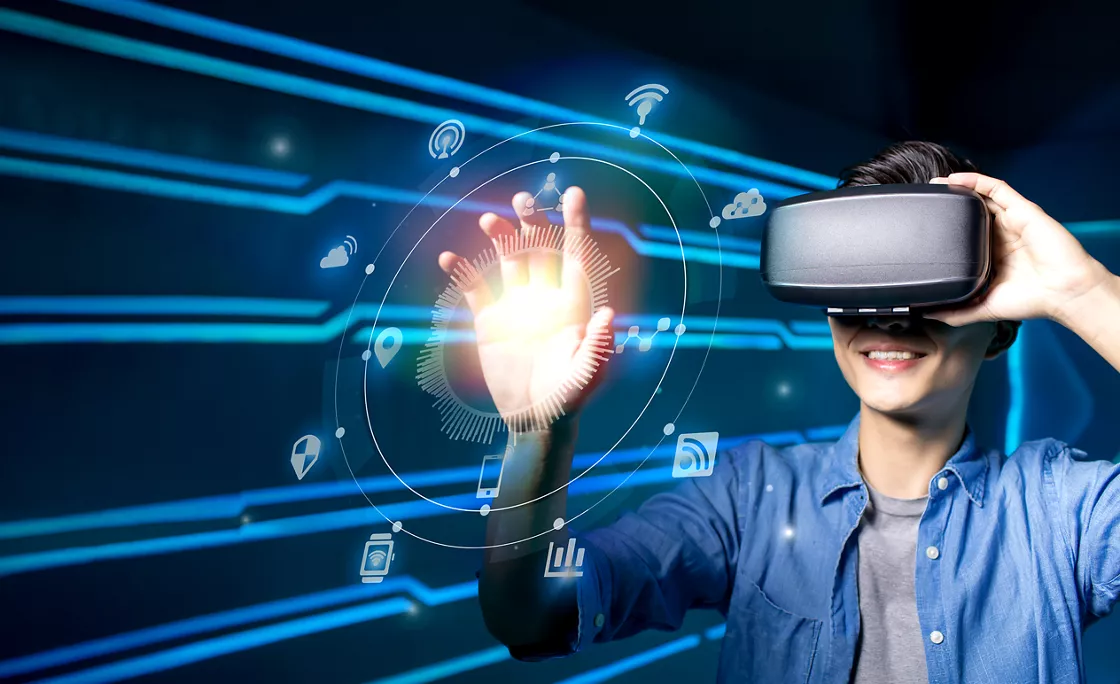 Composite image of a person using a VR headset