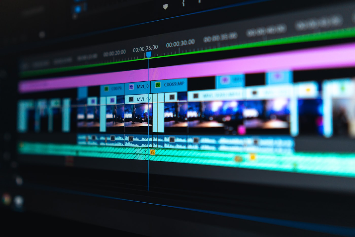 Typical production: a crowded editing timeline with clips, effects, and audio