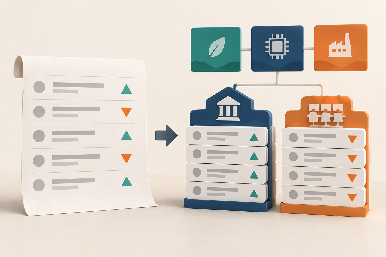 Figure 1  From disclosure records to seat structure and sector context. AI concept illustration; colors and arrows do not indicate a fixed trading direction.