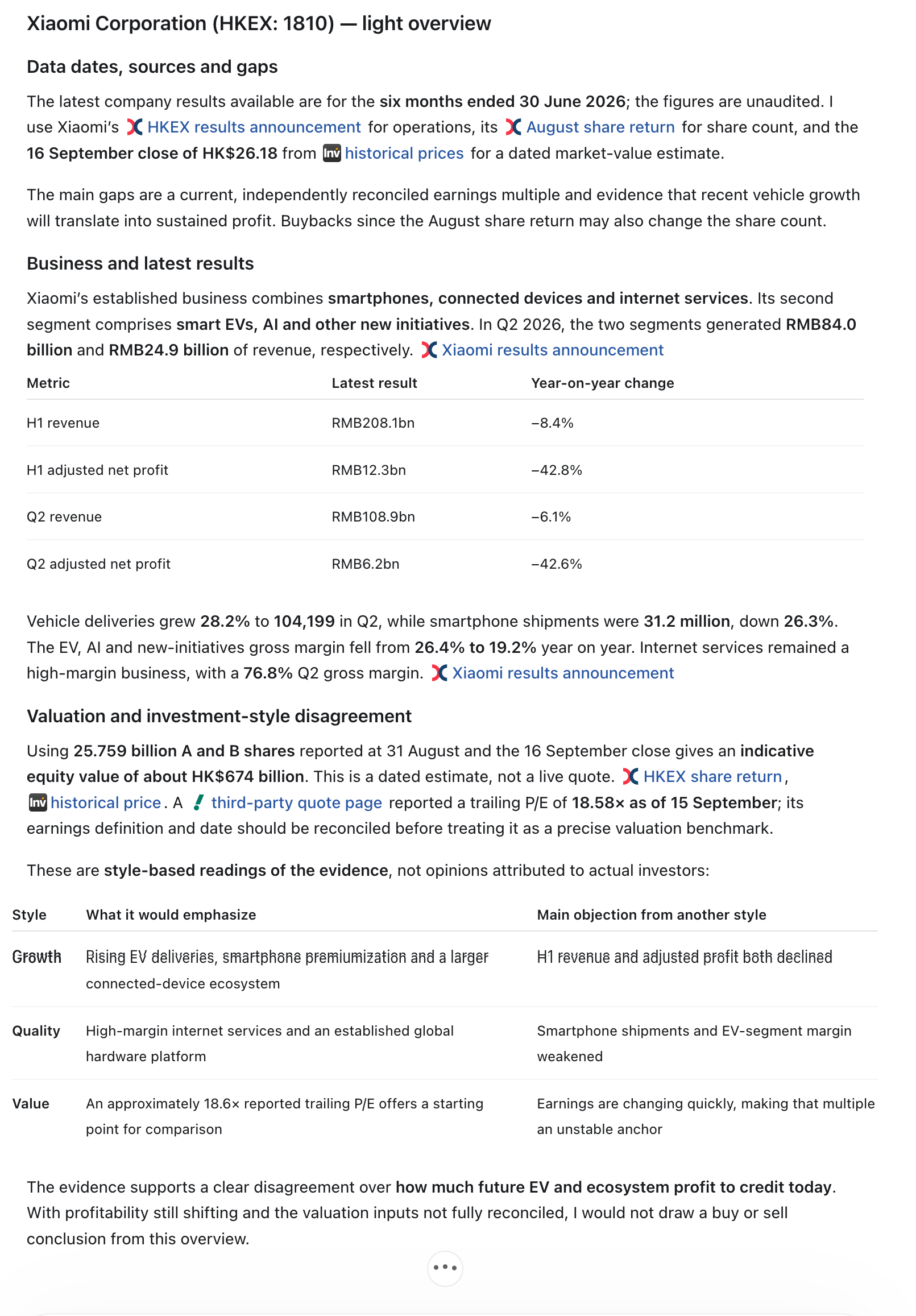 English Xiaomi light overview output showing dated sources, financials, valuation gaps, and investment-style readings.