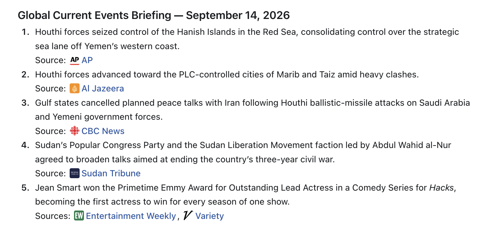 Global Current Events Briefing for September 14, 2026, with five items and linked sources