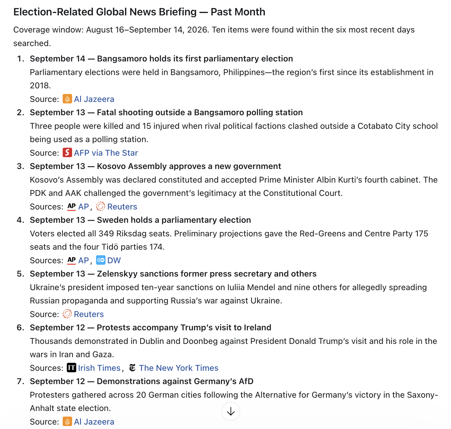 Election-related global news briefing for the past month screenshot
